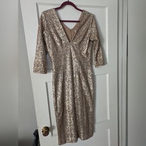 Dress the Population Long Sleeve Sequin Midi Sheath Dress Gold Bodycon Sparkly